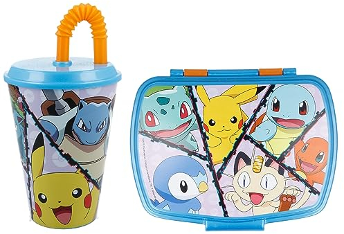 CARTOON Set pranzo per bambini 2 pezzi,per Pokemon fan, bicchiere e portamerenda in plastica riutilizzabile senza BPA, bicchiere con cannuccia 430 ml e contenitore portapranzo