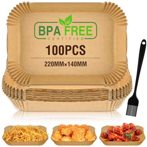 MengQiLe 100 Pièces Papier Cuisson Air Fryer, 22cm Papier Sulfurisé Air Fryer, Rectangulair Paper Liner, Antiadhésive Disposable Paper Liner Air Fryer Accessoires pour 4.7L - 7.3L Friteuse Sans Huile