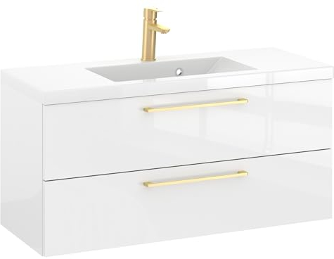 Furni Rosen 100 cm Hängend Waschbecken mit Unterschrank und Eleganten Goldenen Griffen Waschbeckenunterschrank Badezimmer Waschtisch mit Unterschrank Waschtischunterschrank