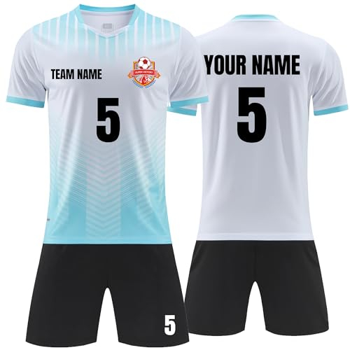 Faletony Personalisiertes Fussball Trikot Kinders Erwachsene Fusstball Shirt & Shorts Set mit Name Nummer Team Logo Personalisierte Fußballtrikot Jungs Mädchen (Polyester, Weiß)