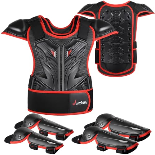 Motos Ropa Protectora Niños, JUSTDOLIFE 5 PCS Chaqueta Protectora de Moto para Niños de Pecho con Coderas y Rodilleras para Ciclismo Skateboarding Go-Karting (Negro-Rojo)