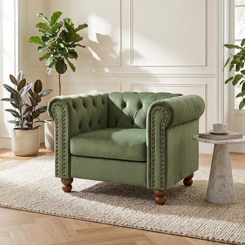 Asucoora Velvet Chesterfield Chair Club Chair, Tufted Single Sofa Couch for Living Room, Accent Armchair with Nailhead Trim Green