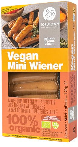TofuTown Vegan Bio Mini Wiener (6x170g) | Natürliche & Regionale Herstellung | Hoher Proteinanteil & Leckeren Geschmack, Vegan | Ohne Künstliche Zusatzstoffe | Fleischersatz