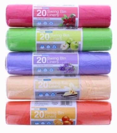 20x each pack Scented Extra Strong Swing Bin Liners with Tie Handles Refuse Sacks Multicoloured 50 Litres - Home, Office, Kitchen, Bathroom (100 Bags)
