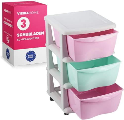 Tour de Rangement Plastique 3 tiroirs | Meuble Rangement à Tiroirs en plastique sur roulettes caissons | Tiroir Rangement bac plastique boite - Fabriqué en Europe (Rose)
