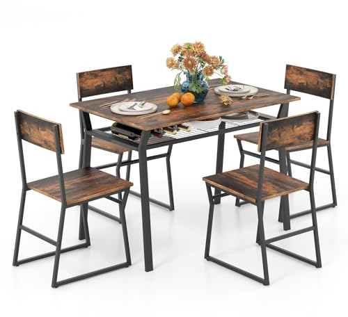 GIANTEX Essgruppe Esstisch mit 4 Stühlen, Esszimmergruppe Küchentisch Set für 4 Personen, Esszimmer Tisch Set Esstisch Metallrahmen, Esszimmergarnitur Sitzgruppe Industrie für Esszimmer Küche