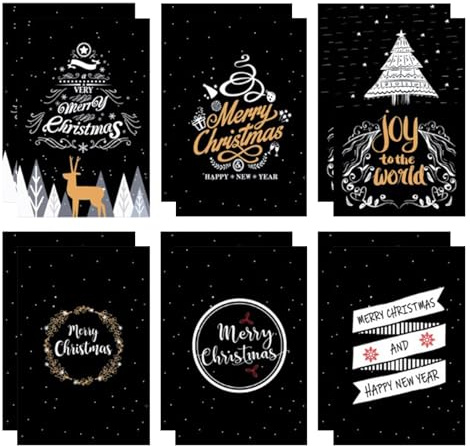 CutitiUU Christmas Cards Set,Set of 12 Christmas Black Blessing Greeting Cards,Christmas Greeting Cards,Holiday Greetings Cards,6 Assorted Designs traditional Yuletide Images for Friend Family