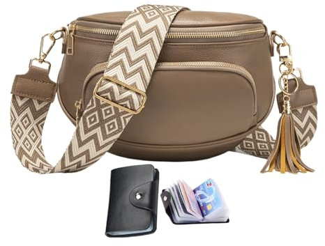 KUNKUN Bauchtasche Damen Umhängetasche Damen Gross Crossbody Bag Veganes Leder Handytasche Zum Umhängen senden RFID-Blockierung Kreditkartenpaket - Khaki