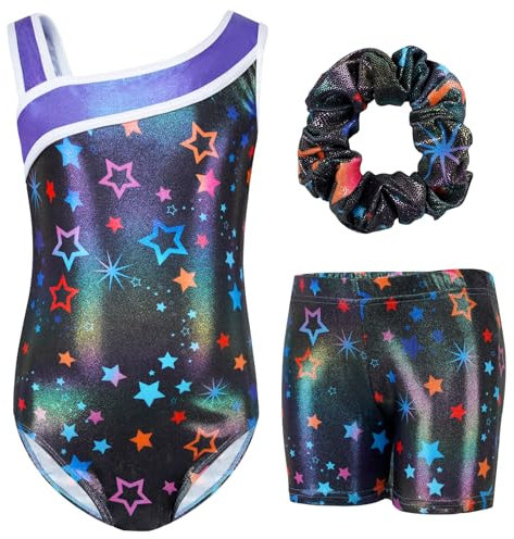 Gogokids Gymnastikanzug für Mädchen, Kinder, Glitzersterne, Tanzeinteiler mit Shorts, Schwarz, 4-5 Jahre