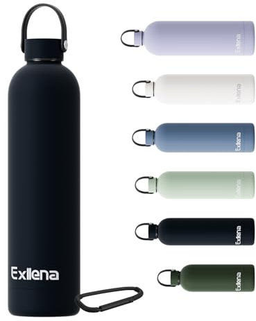 Exllena Gourde Isotherme 750 ml avec Poignée Pratique - Bouteille Isotherme avec 24 Heures de Conservation au 24h Froid/12h Chaud, Revêtement Anti-Dérapant - Étanche Sans BPA (Noire)
