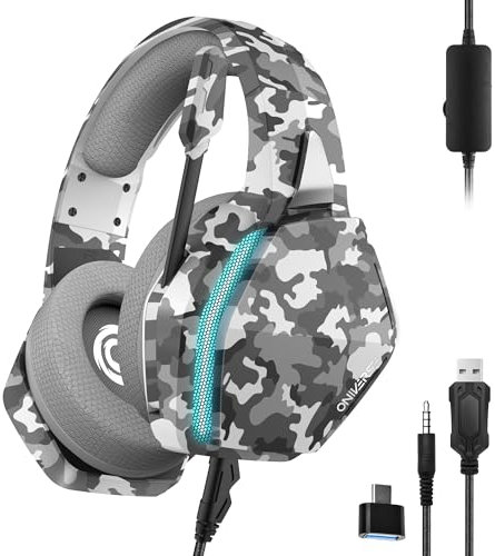 Oniverse Casque Gaming PS5 PS4 SWITCH 2 XBOX PC MAC avec Micro réglable, LED, Haut-parleurs 50mm, Coussinets tissu respirant - Casque gamer stéréo filaire Nebula (Urban Camo/Gris)