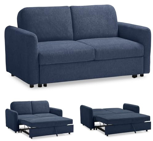 EVERGREENWEB Schlafsofa 2-Sitzer Bett, Couch mit Schlaffunktion, Blau Stoff, Verstellbare Rückenlehne mit Doppelpolster, Sofa mit Ausziehbarer Chaise Longue, Faltbare Verstärkte Struktur, Nelly