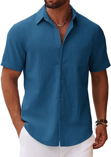COOFANDY Mens Short Sleeved Summer Shirts Lightweight Linen Shirt Casual Cotton Shirts Holiday Shirt Mens Summer Tops Beach Navy Blue L