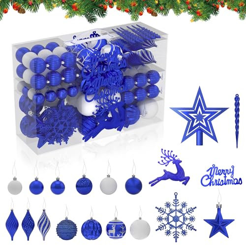 HENGMEI Palline di Natale in plastica, 108 pezzi, decorazioni per albero di Natale con stella, decorazione natalizia, decorazioni per albero di Natale, colore: blu zaffiro