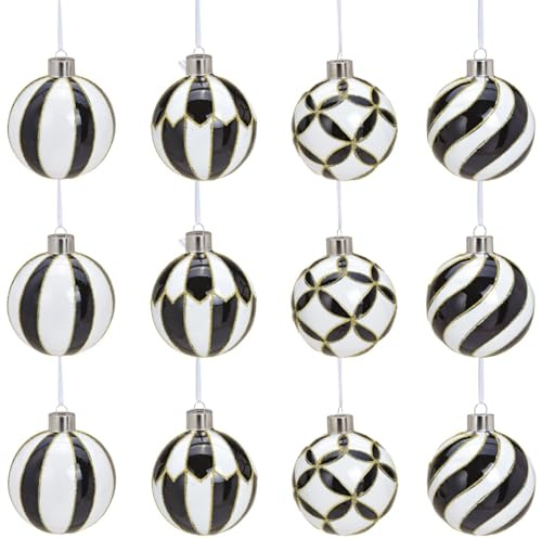 Weihnachtskugel aus Glas 12er Set Hängedeko für Weihnachtsbaum und Zweige - Christbaumkugeln Ø 8 cm Weihnachtsdeko Ornamente - Elegante Weihnachtskugeln für Innen Weihnachtsschmuck schwarz & weiß