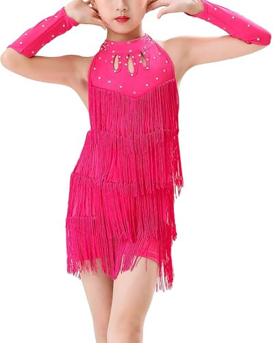 AIEOE Vestito da Ballo Latino per Bambina i Vestito da Ballo per Ragazze Vestito da Ballo per Ragazze con Paillettes Vestito da Ballo Latino per Ragazze con Frange Rosa 7-8 Anni