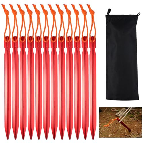 12 Pezzi Picchetti in lega di Alluminio con Coulisse,18cm Picchetti Per Tenda In Alluminio Ultraleggeri con borsa per la conservazione,Chiodo A Terra Campeggio Triangolare Regolabile Multi-Dente Rosso