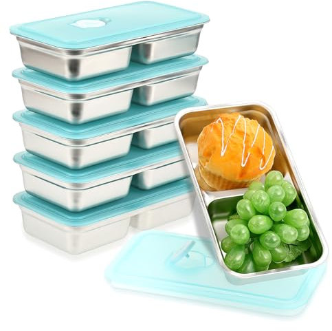 6 Pack Snack Containers,2 Compartments 304 Stainless Steel Bento Snack Box with Leakproof Lids Meal Prep Lunch Containers for Kids Adults, Divided Food Storage Containers for School Work Travel 850ml