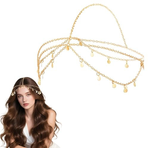 Eymobad Gold Göttin Kopfkette, Pailletten Boho Geschichtete Kopfkette, Wahrsagerin Kopfschmuck, Braut Festival Kostüm Haarschmuck für Frauen und Mädchen (Golden)