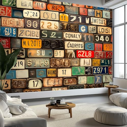 Photo Wallpaper License Plate Numbers and Letters Non-Woven Art Print Wall Mural 400x280 cm Decoration Poster Picture Design Modern Living Room Kitchen Bedroom Wall Mural, Dark