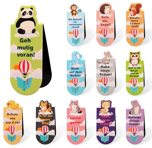 Solaverano 12 Stück Magnetische Lesezeichen mit Sprüchen über das Lesen, Bunte Lesezeichen Kinder mit süßen Tiermotiven, für Junge Kleine Schüler Freund Buchliebhaber