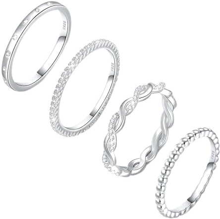 Diorra Silver Ring for Women, 4PCS Thin Sterling Silver Stackable Rings Set Cubic Zirconia Engagement Statement Wedding Bands for Women Size 5-10