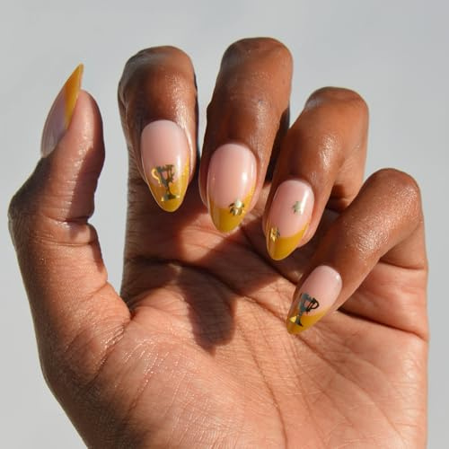Glamnetic Press On Nails x Harry Potter™ - Helga Hufflepuff™ | Short Almond Fake Nails with Velvet Yellow French Tips & Gold Graphics, Officially Licensed | 15 Sizes - 30 Nail Kit with Glue
