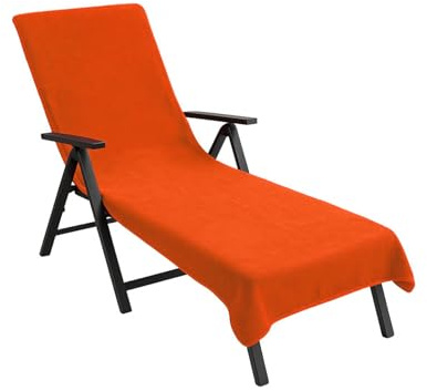 Lemos Home Liegenauflage mit Kapuzenüberschlag 200x75 cm aus Baumwolle Frottee Handtuch, Schonbezug für Gartenliege, Sonnenliege und Liegestuhl, universell passend, waschbar, Farbe wählbar. (Orange)
