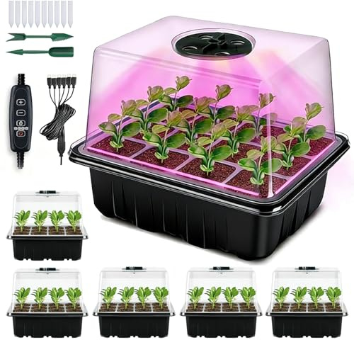 6 Pack Seed Trays with Grow Light, Mini Greenhouse Propagator kit with Lids | Windowsill Heated Propagator for Plant, Indoor Gardening Kit for Flower Vegetable | Reusable Plant Germination Cells