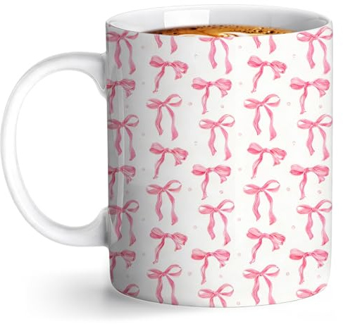 zhongko Pink Bow Cup Ceramic Coffee Mug, 11oz Sublimation Design Tea Mug, Cute Bows Mug for Women, Ceramic Mug for Home & Office, Novelty Gift for Women, Girls, Friends