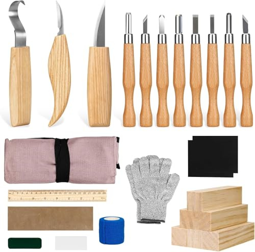 25PCS Set d'outils de sculpture sur bois,Ensemble d'outils de sculpture avec Gants Résistants aux Coupures, Manche et Pierre à Aiguiser, Pour les Débutants et les Professionnels
