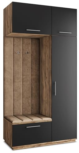 Masseno Flugarderoben Set Rema, Kleiderschrank-Set mit Sitzbank, Garderobenschrank Flur mit 5 Regalböden, Eiche Lefkas/Schwarz