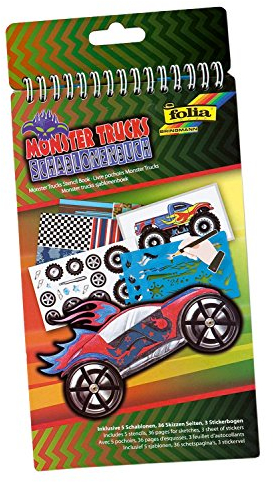 folia 41104 - Schablonenbuch Monster Trucks, Block mit 36 Malvorlagen, 5 Schablonen und 3 Stickerbögen - ideal für Jungen