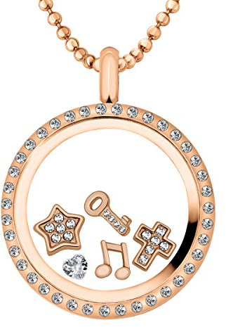 Quiges Stainless Steel Living Memory Locket 30mm with Necklace 90cm and 5 Floating Charms Set