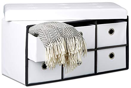 Relaxdays Folding Storage Ottoman Foldaway Seat with 6 Removable Compartments, 38 x 76 x 38 cm, Faux Leather Foldable Blanket Toy Storage Box Seat Bench Pouffe Stool, White