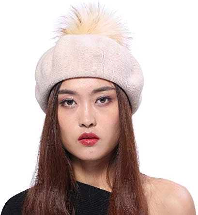 Damen Baskenmütze Strickmütze schöne Winter Mütze Bommelmütze Beanie Waschbär Fell Bommel - Beige
