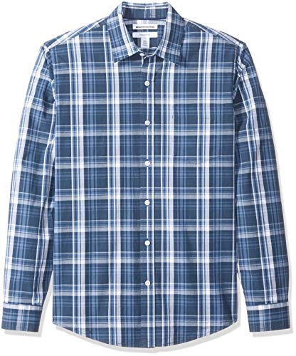 Amazon Essentials Men's Slim-Fit Long-Sleeve Poplin Shirt, Navy Medium Plaid, L