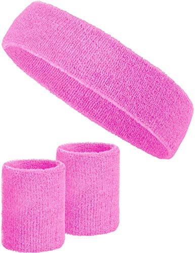3-teiliges Schweißband-Set mit 2X Schweißbändern für die Handgelenke + 1x Stirnband für Damen & Herren (Rosa)