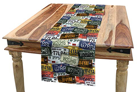 ABAKUHAUS Vereinigte Staaten von Amerika Tischläufer, Retro Auto Kfz-Kennzeichen, Esszimmer Küche Rechteckiger Dekorativer Tischläufer, 40 x 225 cm, Weiß Blau