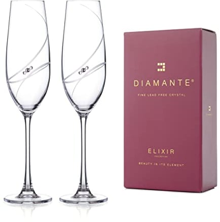 DIAMANTE Swarovski Champagne Flutes Prosecco Glasses Pair with 'Allure' Hand Cut Design Featuring Swarovski Crystals