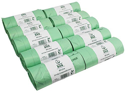 80 Litre x 200 bags Compost Bag Compostable Kitchen Bin Liners - Food Waste Bin Liners - EN 13432 - Compostable 80L Swing-Bin Bags with Composting Guide