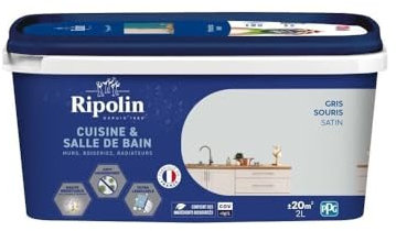 Ripolin - Peinture Intérieure Cuisine et Bain – Murs, Boiseries et Radiateurs - Adapté Pièces Humides - Effet Perlant - Lessivable - Haute Résistance - Gris Souris - Satin - 2L