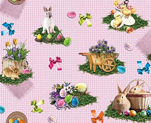Ilkadim Wachstuch Tischdecke 140cm rund Motiv auswählbar, abwaschbar (Osterhase rosa 150C)