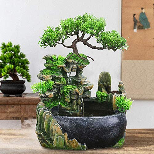 Fontaine d'intérieur de bureau - Fontaine de bureau - Fontaine décorative zen - En résine - Pour la méditation - Jardin de rocaille 3D - Pour plante verte - Pot de fleurs - Réservoir de poissons -