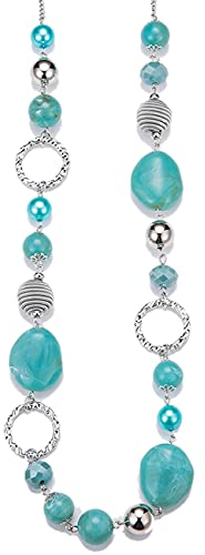 Bulinlin Damen Lange Perlenkette Statement Boho Silber Metallkette Hochzeitstag Modeschmuck Geschenke Pullover Halskette für Frauen(Turquoise)