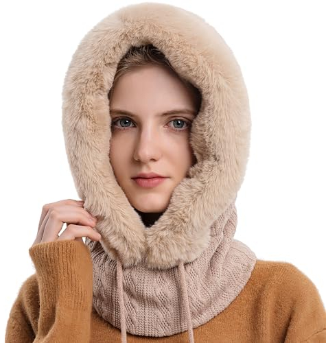 WANYIG 2 in 1 Wintermütze Strickmütze Warme Mütze Kreis Schal Set Balaclava Winter Stricken Mütze mit Fleecefutter für Damen Winddichte Mütze Kälteschutz Skimütze 56-60CM (Beige)