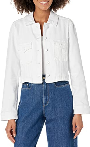 PAIGE Women's Pacey Cropped Denim Jacket Boxy Fit Utility Pocket Subtle Puff Sleeve in Crisp White, Large