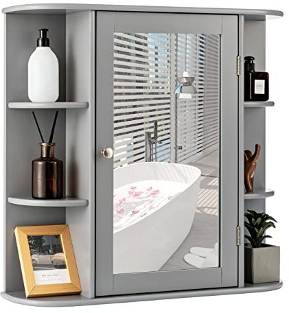 Multigot Bathroom Mirror Cabinet, Wall-Mounted Storage Cupboard with Adjustable Shelves, Single Door Organizer Unit for Living Room and Bedroom (Grey)