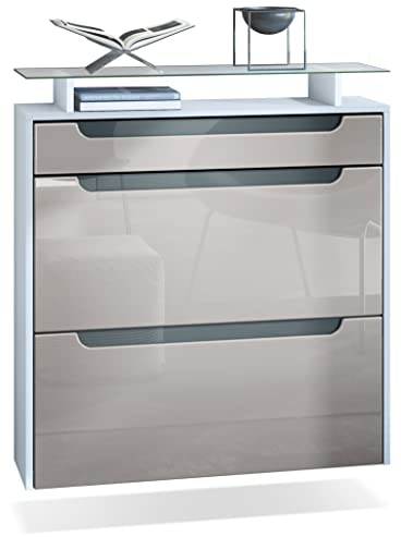 Vladon Schuhschrank Annie, Schuhkipper für 16 Paar Schuhe mit 2 Klappen, 1 Schublade und Glasablage, Weiß matt/Sandgrau Hochglanz, Griffmulden in Grau Hochglanz (89 x 96 x 23 cm)