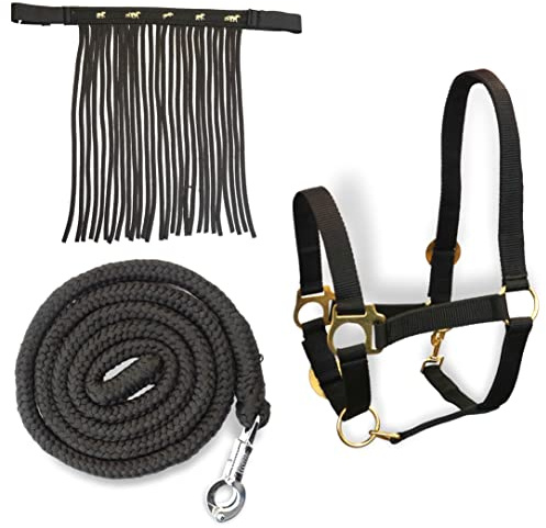 Halfter für Pferde mit Führstrick & Fliegenfransen Pferd, Halfter mit Strick - Halfter Pony Shetty Halfter Cob Full Kb (Vollblut (Cob), Schwarz)